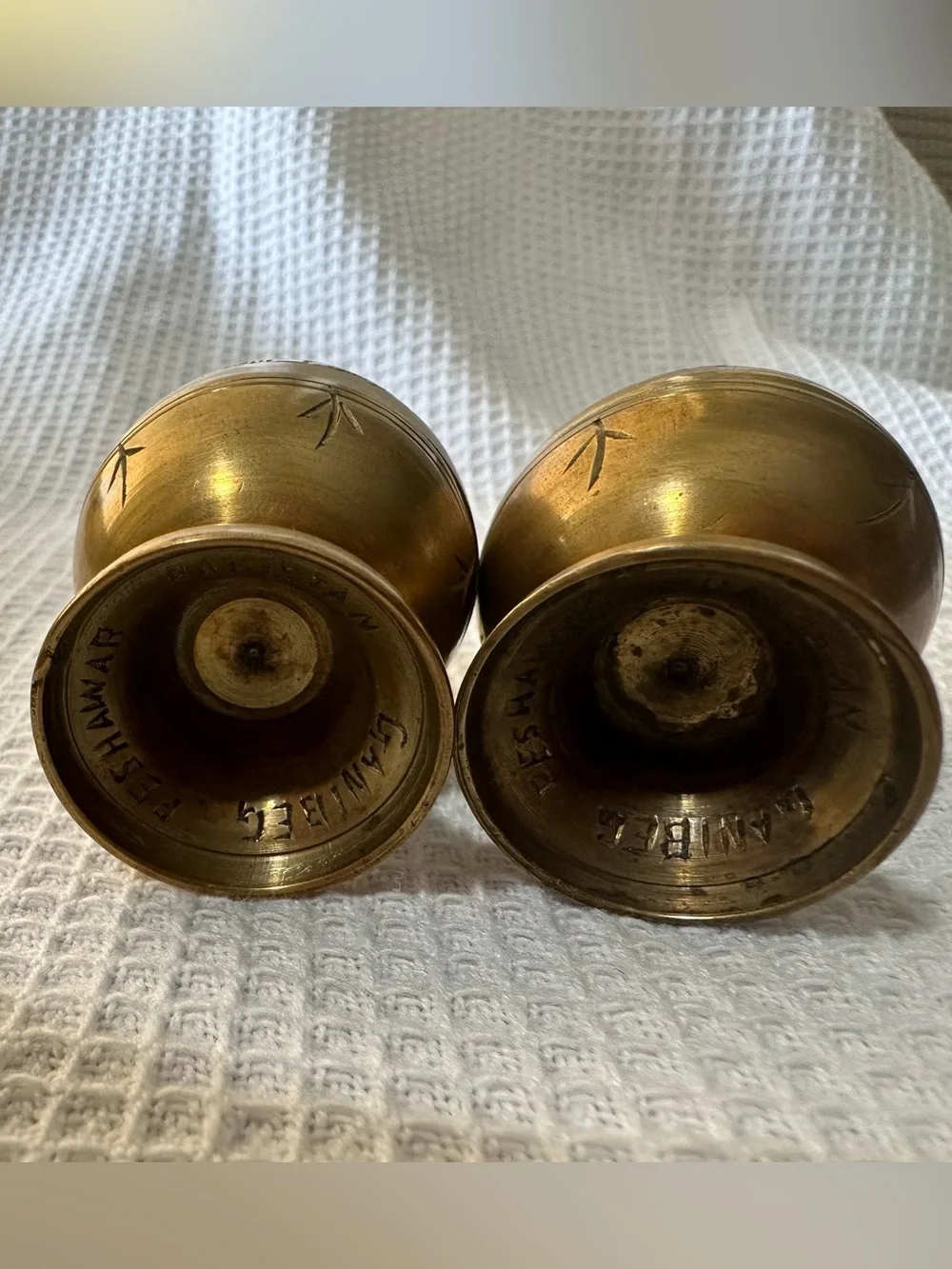 Vintage Hand-Etched Brass Egg Shaker Set - Peshawar Pakistan - Ganibeg Signed